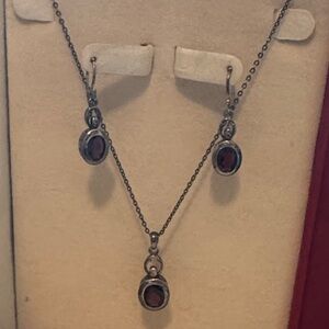 Garnet Stone Sterling Silver 925 Pendant Necklace & Earrings Set